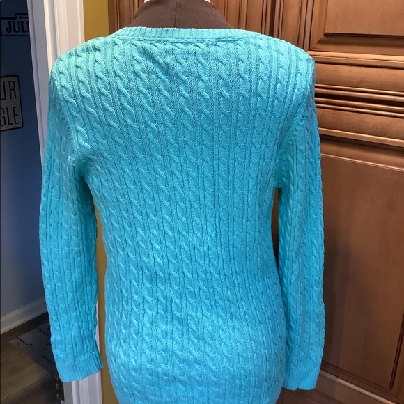 V NECK CABLE DESIGN AQUA SWEATER - Picture 2 of 4